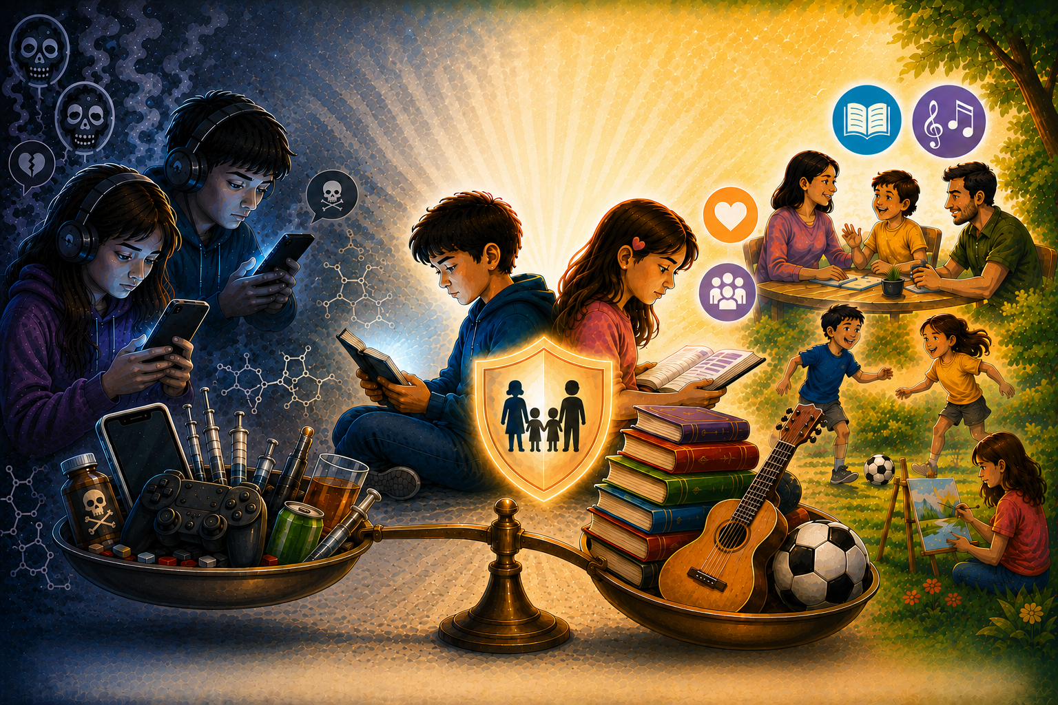 Ilustração sobre escolhas saudáveis e proteção de crianças e adolescentes na Era Digital